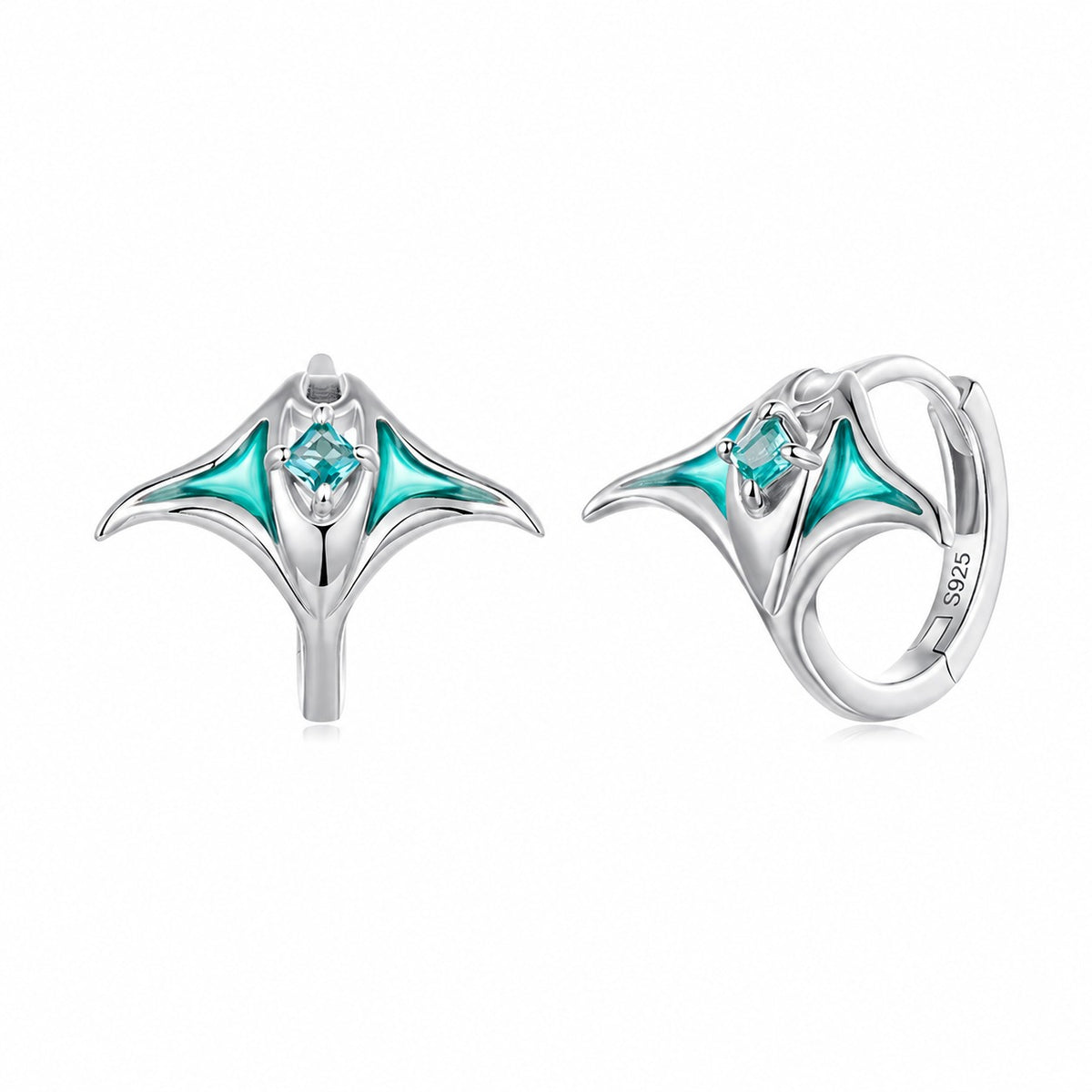 Manta Ray-Shaped Cubic Zirconia Green Epoxy Resin 925 Sterling Silver Hoop Earrings