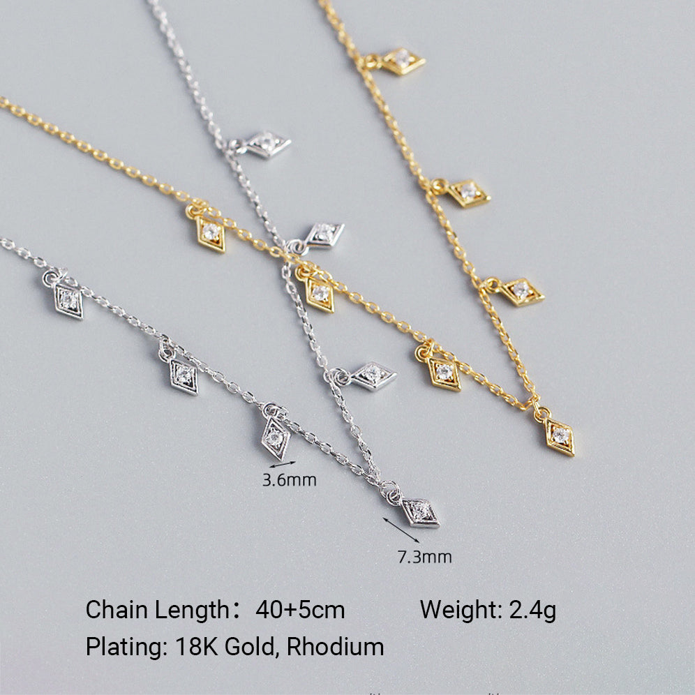 Delicate Geometric Rhombus Shape Cubic Zirconia  925 Sterling Silver Tassel Pendant Necklace
