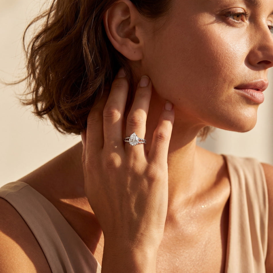 Pear Shaped Moissanite Twisted Double Band In Solid 925 Sterling Silver Ring