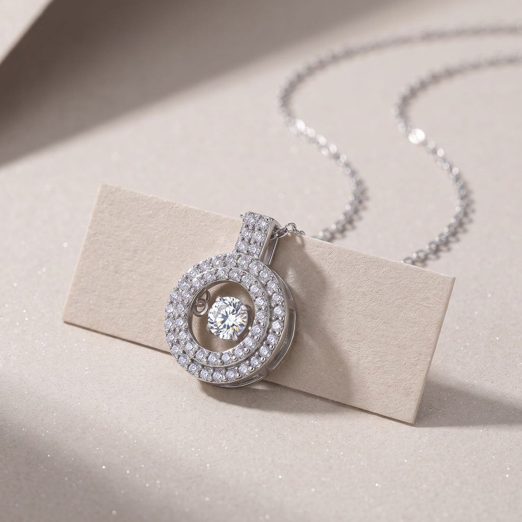 Geometric Double Circle Halo Moissanite 925 Sterling Silver  Necklace