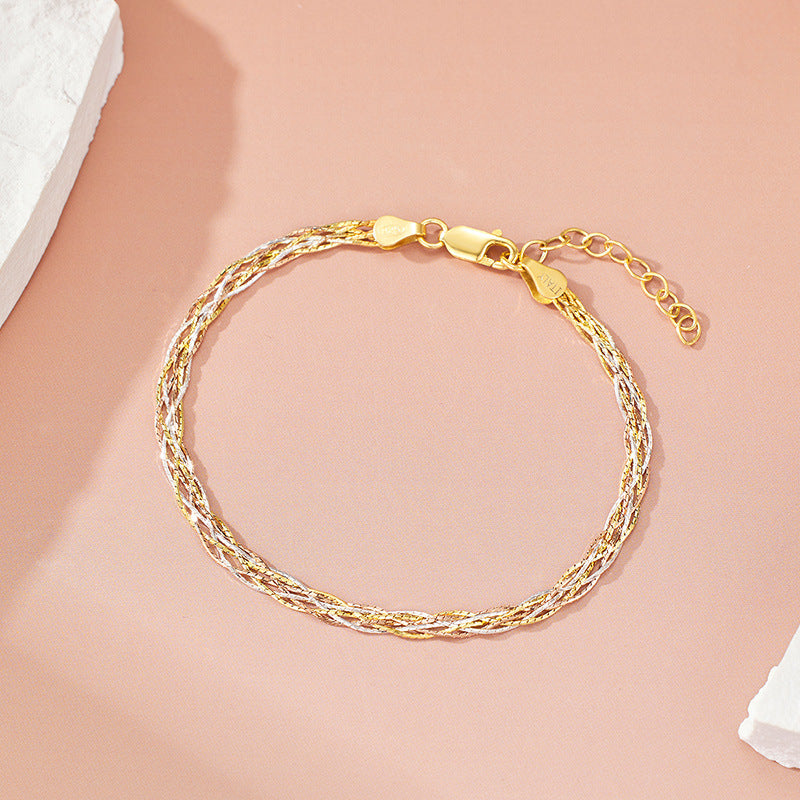 Italian Braided Elegant Bamboo Design Three Tone 925 Sterling Silver Bracelet