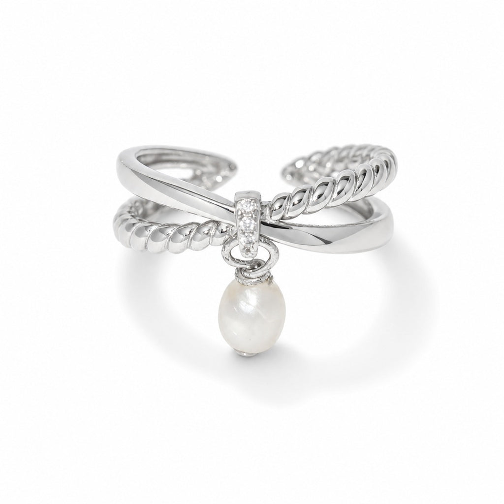 Cross Woven Cubic Zirconia Dangle Pearl 925 Sterling Silver Ring