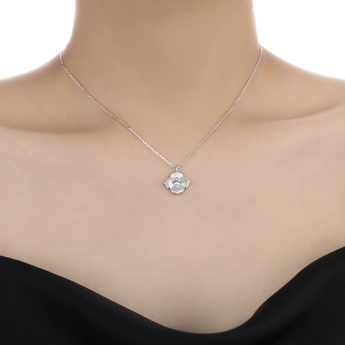 Cubic Zirconia Brushed Five Petal Flower 925 Sterling Silver Minimalist Collarbone Chain Necklace