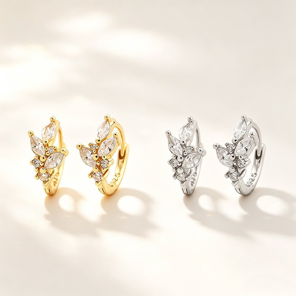 Cubic Zirconia Leaf Cluster 925 Sterling Silver Huggie Hoop Earrings