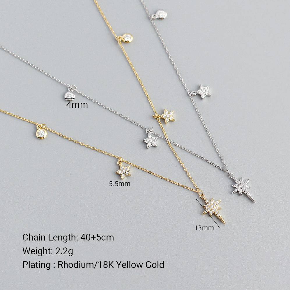 Celestial North Star And Five Point Star Cubic Zirconia 925 Sterling Silver Station Chain Necklace