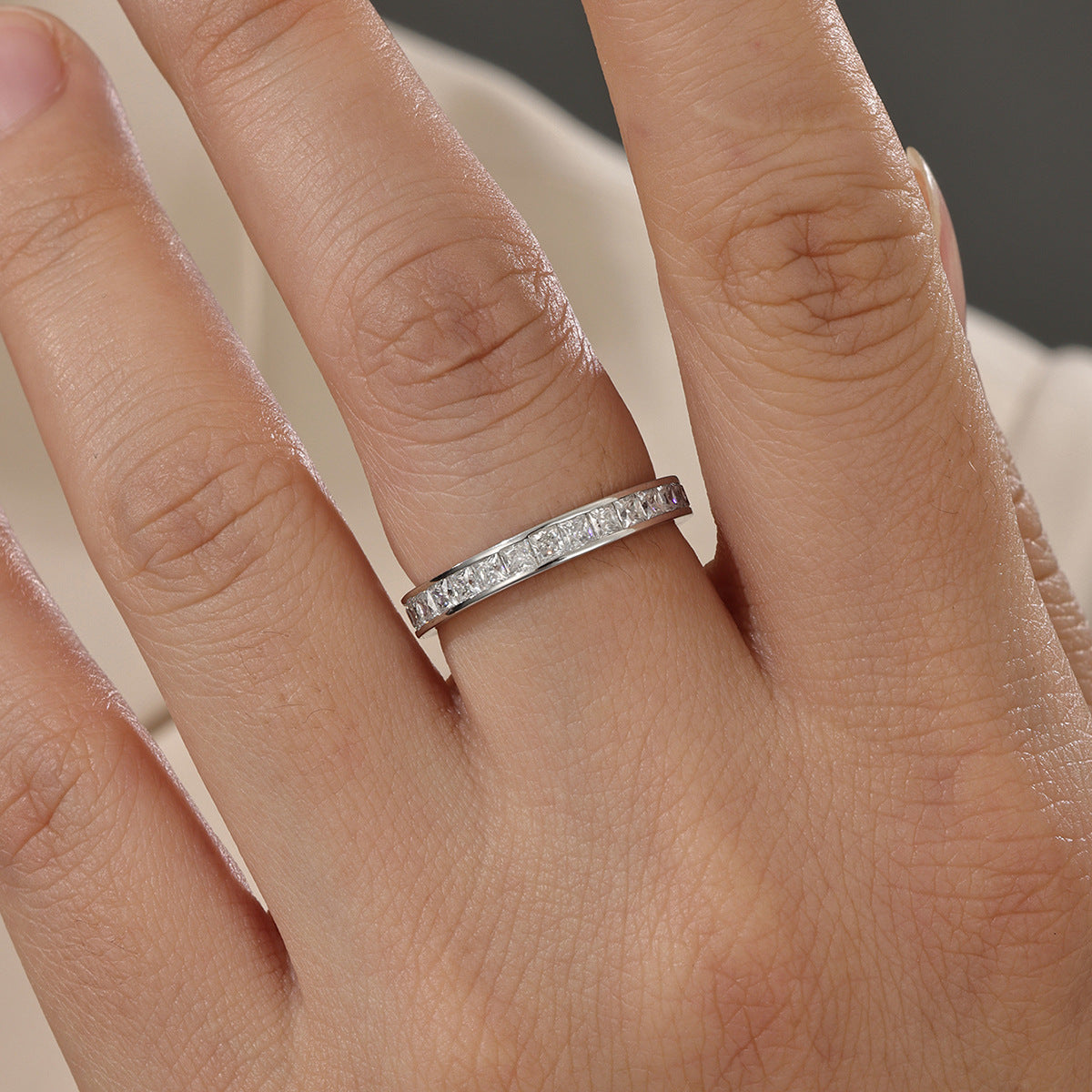 D Color Square Moissanite Full Eternity 925 Sterling Silver Ring