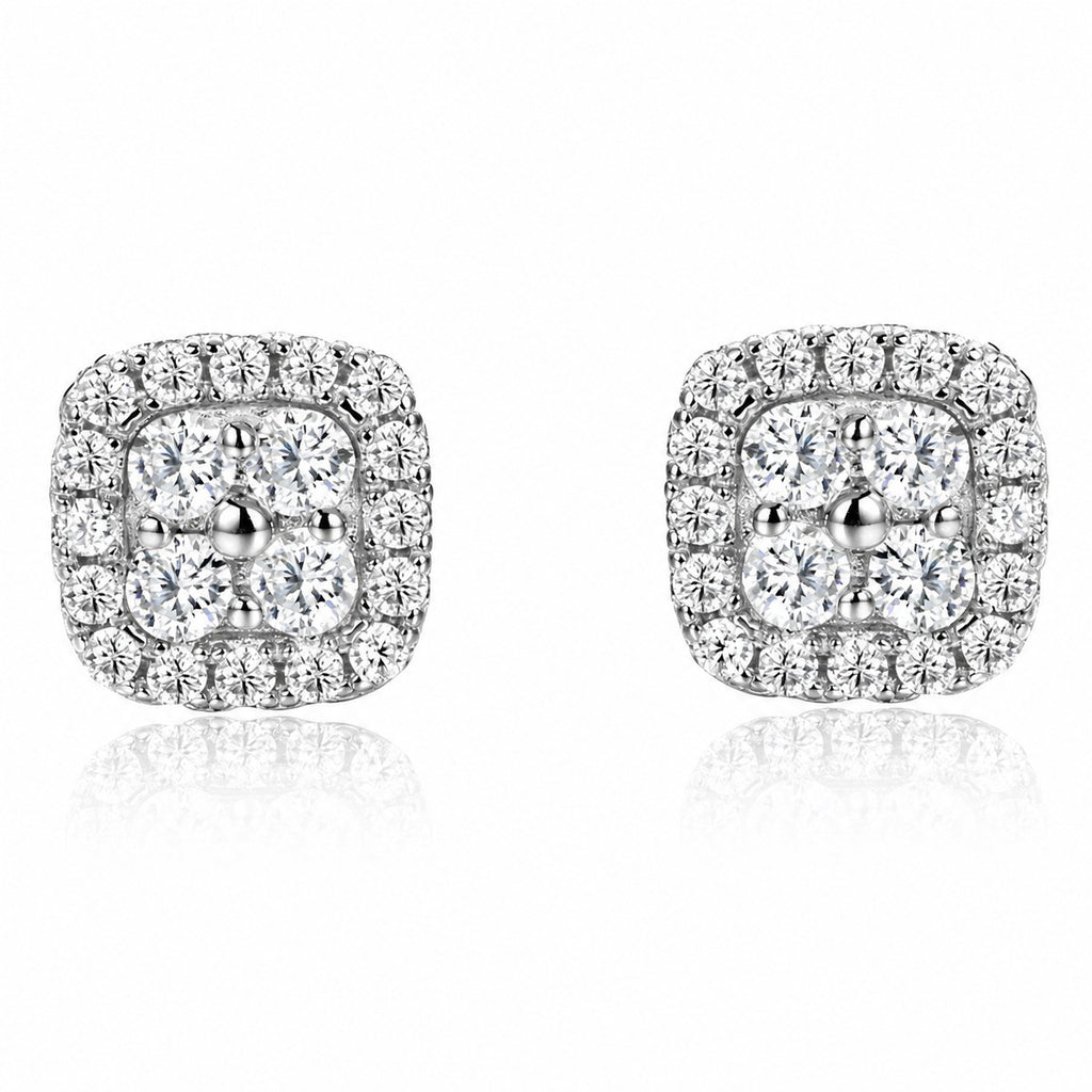 Mossanite Cushion-Cut Quadrifoliate Double Row Bezel Set 925 Sterling Silver Earrings