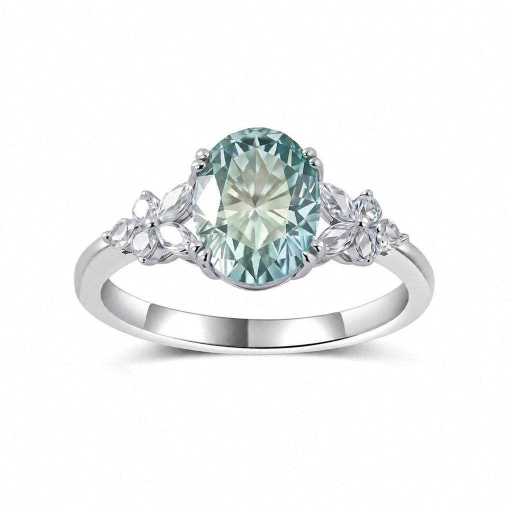 Oval Blue Green Moissanite  925 Sterling Silver Floral Side Stone Cluster Ring