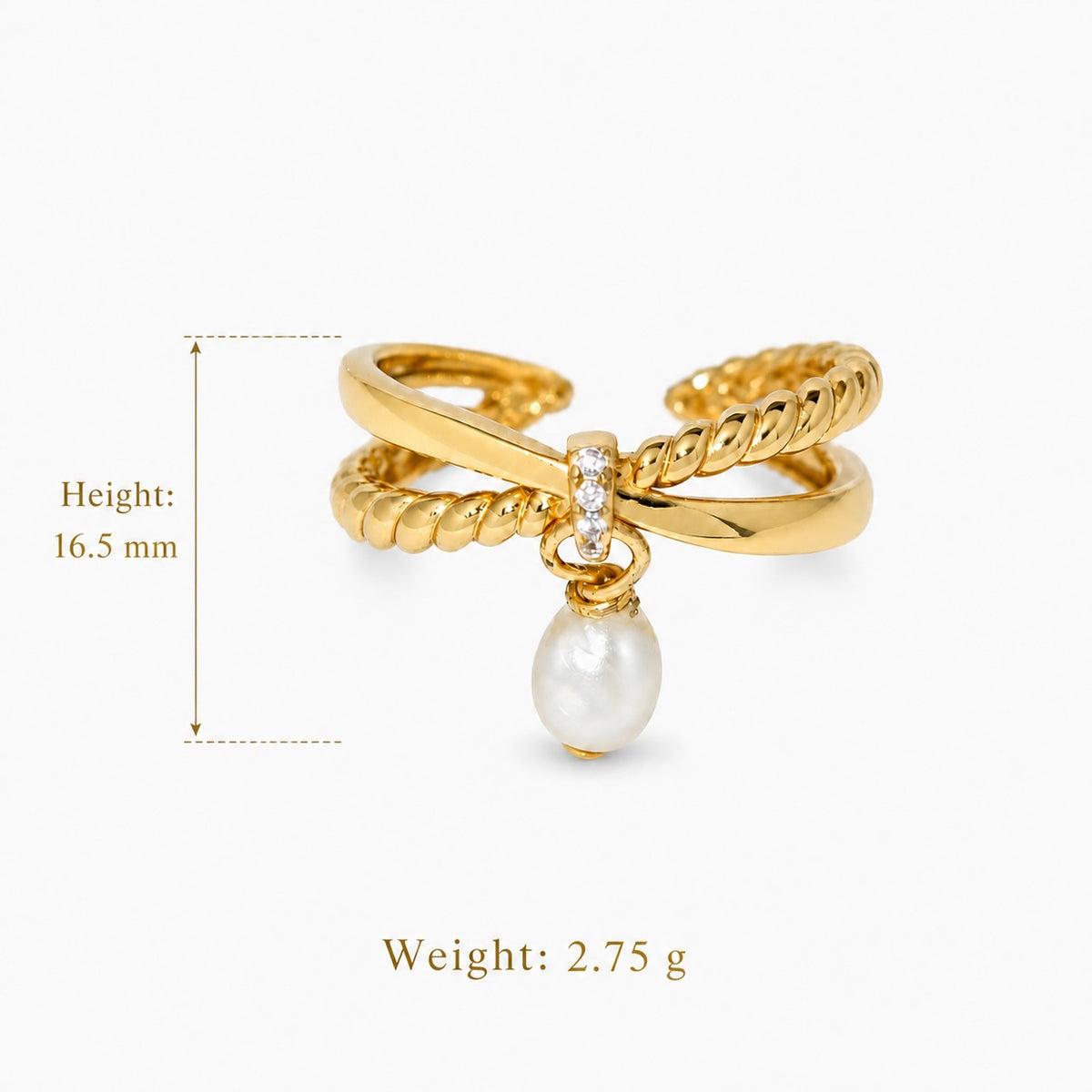 Cross Woven Cubic Zirconia Dangle Pearl 925 Sterling Silver Ring
