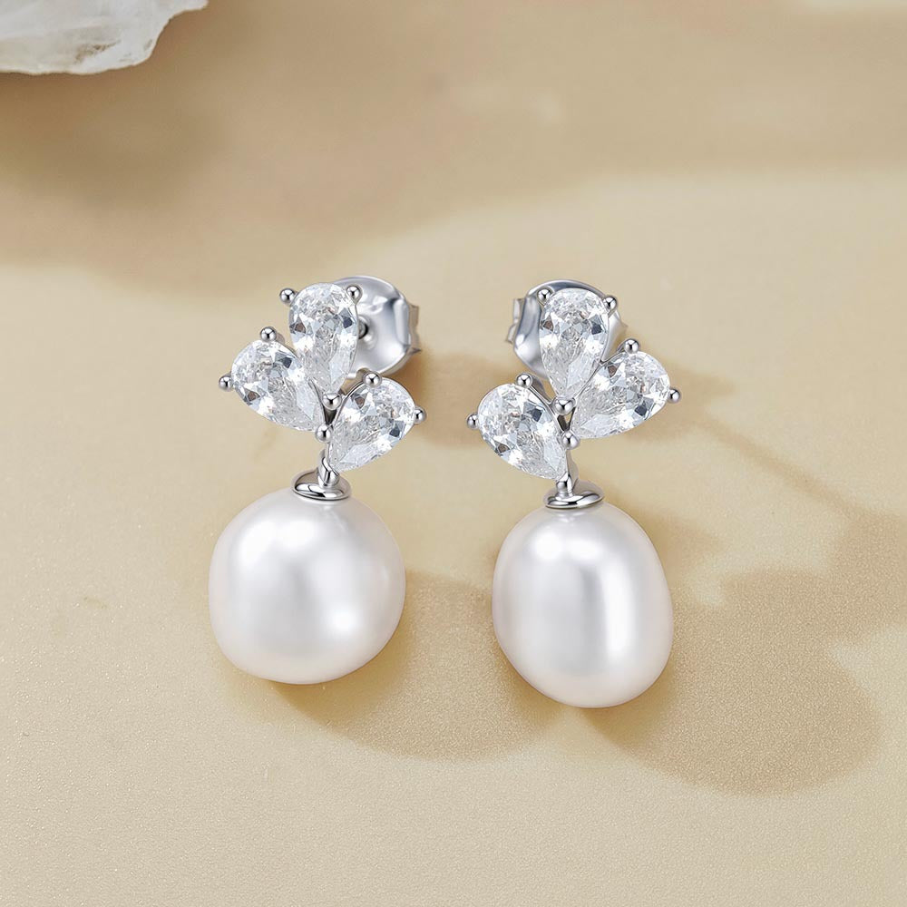 Natural Pearl And Clear Cubic Zirconia Three Petal Cluster  In 925 Sterling Silver  Drop Stud Earrings