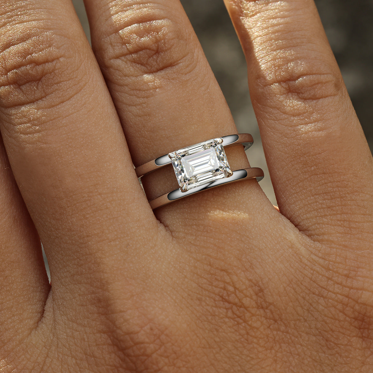 Rectangular Moissanite Centre Stone with Double Band  925 Sterling Silver Ring