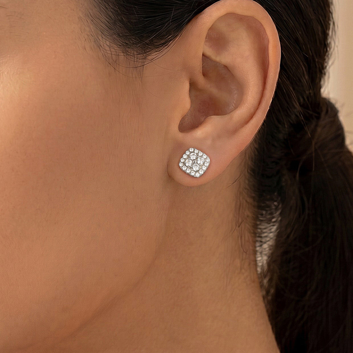 Mossanite Cushion-Cut Quadrifoliate Double Row Bezel Set 925 Sterling Silver Earrings