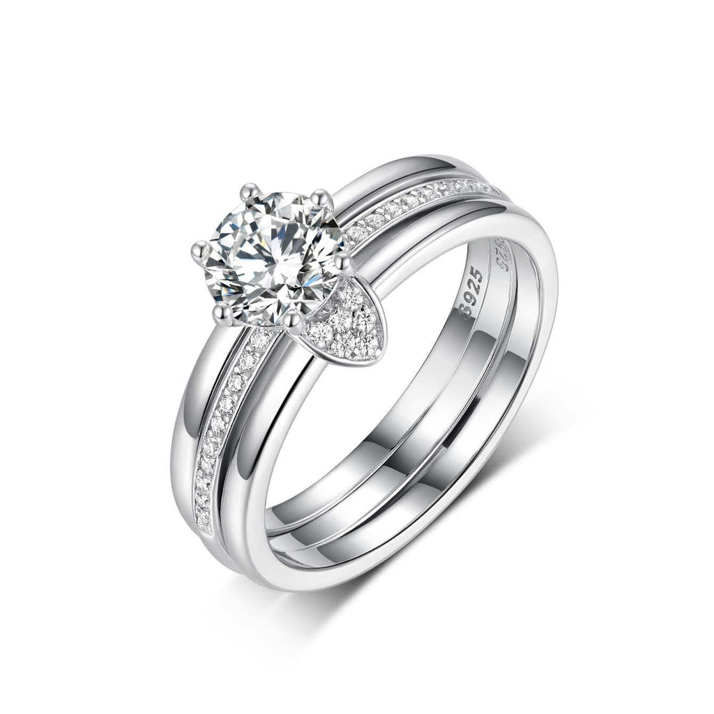 Moissanite 925 Sterling Silver Three Band Bridal  Set Round Six Prong Solitaire Pave Ring