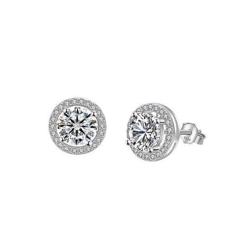 Classic Geometric Circle Design Elegant Round Halo Cubic Zirconia 925 Sterling Silver Stud Earrings