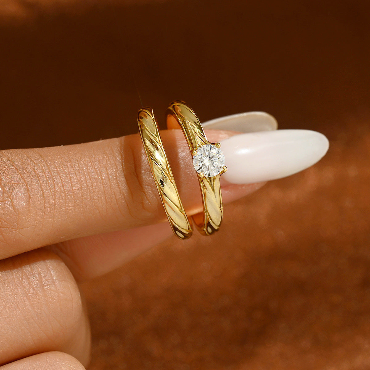 Round Brilliant Moissanite Couple  Set Twisted Carved Band 925 Sterling Silver Ring