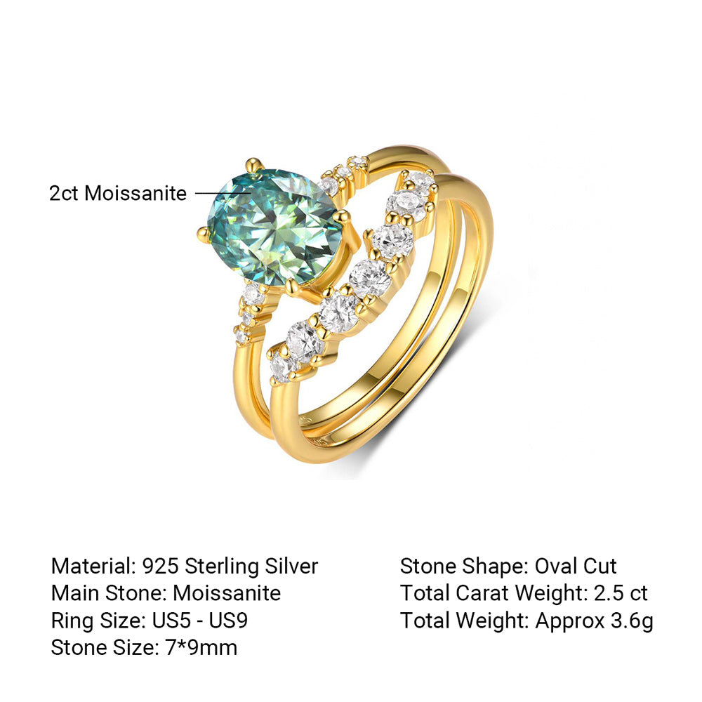 Green Moissanite Centre Stone Stacked Design 925 Sterling Silver Ring
