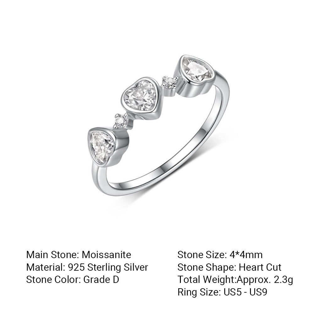 Heart Three Stone Moissanite 925 Sterling Silver Ring
