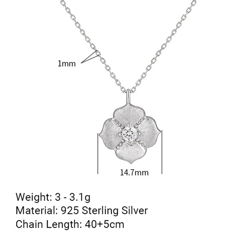 Cubic Zirconia Brushed Five Petal Flower 925 Sterling Silver Minimalist Collarbone Chain Necklace