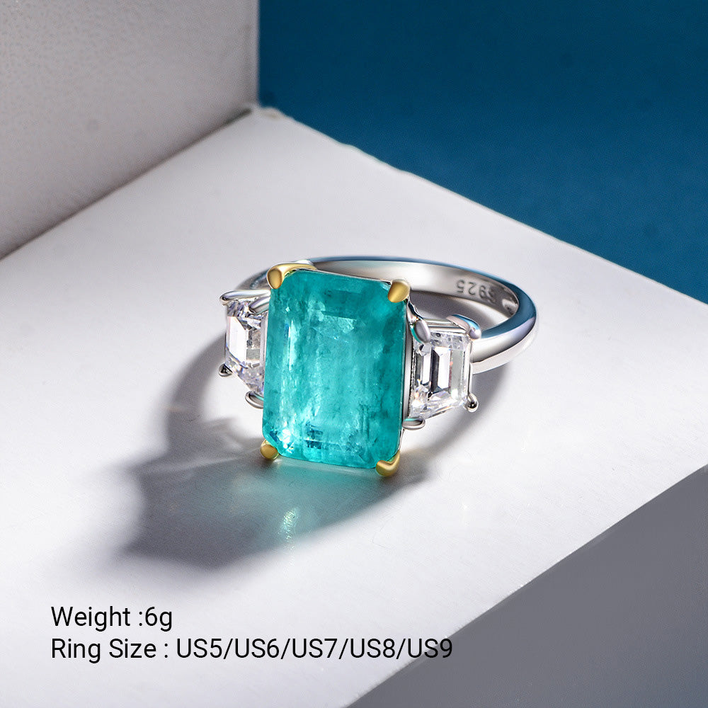 Rectangular Paraíba blue synthetic sapphire 925 sterling silver three stone Ring