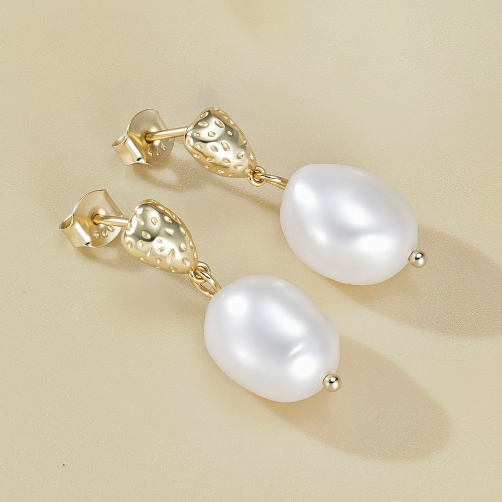Natural White Baroque Pearl Textured Geometric 925 Sterling Silver Drop Stud Earrings