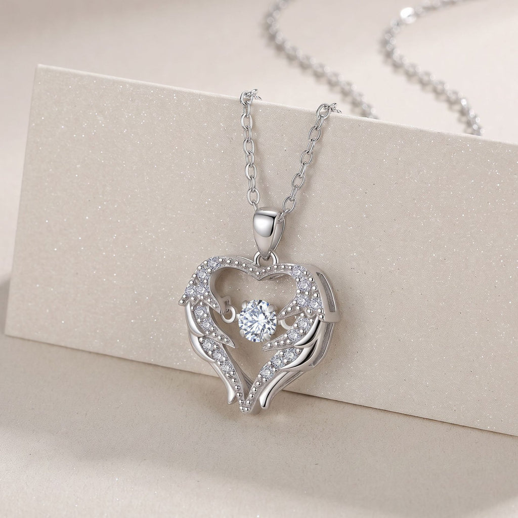 Heart Angel Wing Moissanite 925 Sterling Silver Moving Center Stone Pendant Necklace