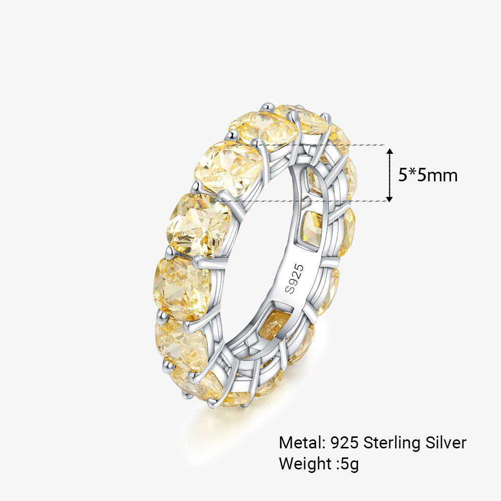 Light Yellow Cushion-Cut Zirconia Full-Band Eternity 925 Sterling Silver Ring