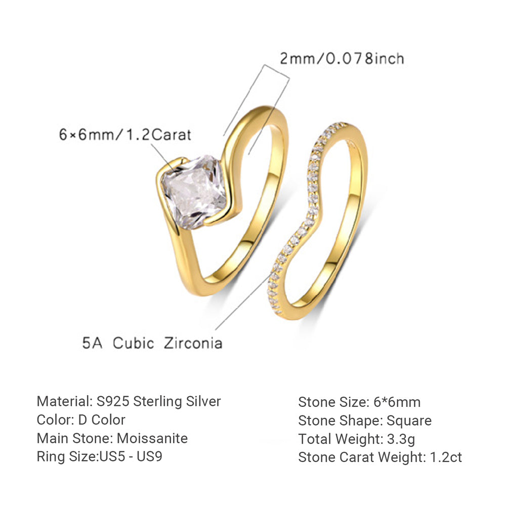 Moissanite Two Piece set Cushion Cut Solitaire And V Shaped Pave Band 925 Sterling Silver Elegant Fashion Ring