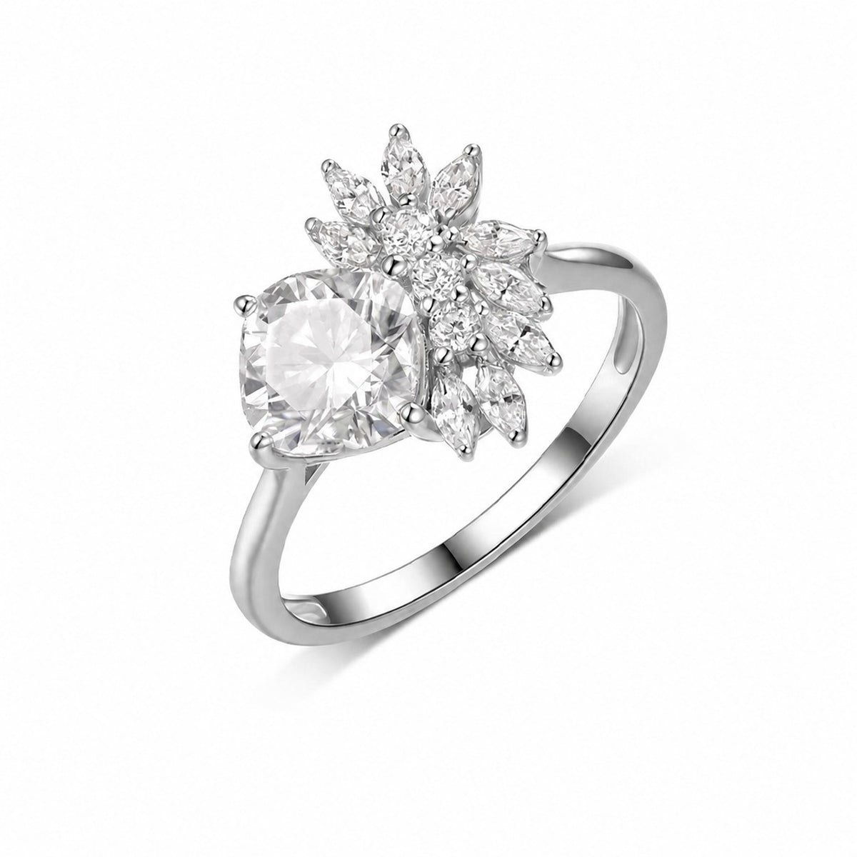 Princess Style Petal Cluster Cushion Cut Moissanite 925 Sterling Silver Ring