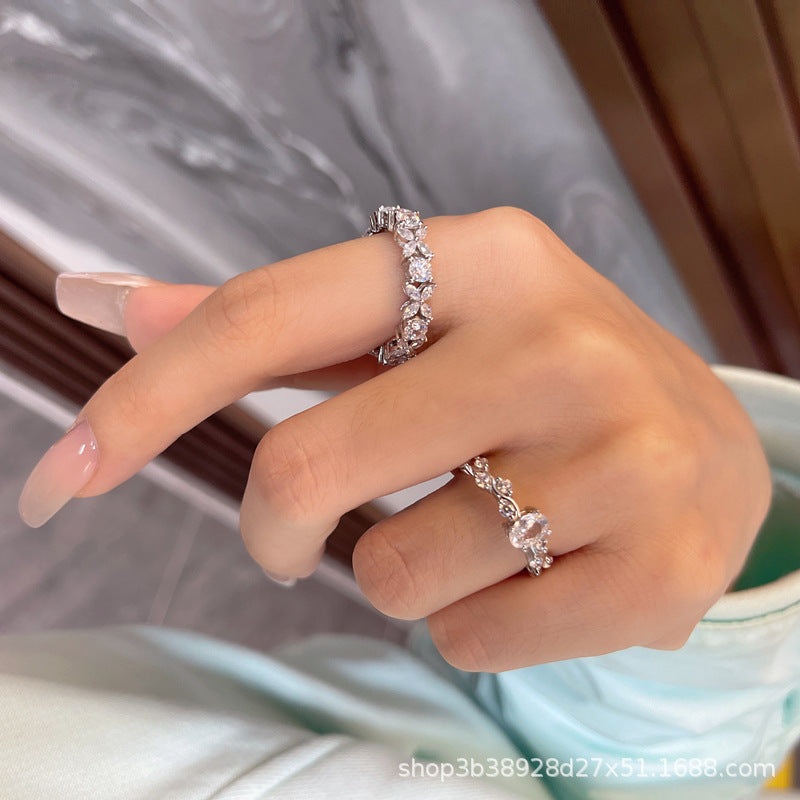Beautiful White CZ Four Leaves Flower 925 Sterling Silver Adjustable Ring