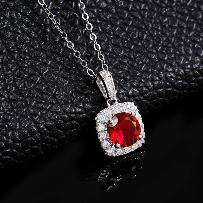 Classic Cushion Halo  With Red Lab Created Ruby Round Center Stone 925 Sterling Silver Pendant Necklace