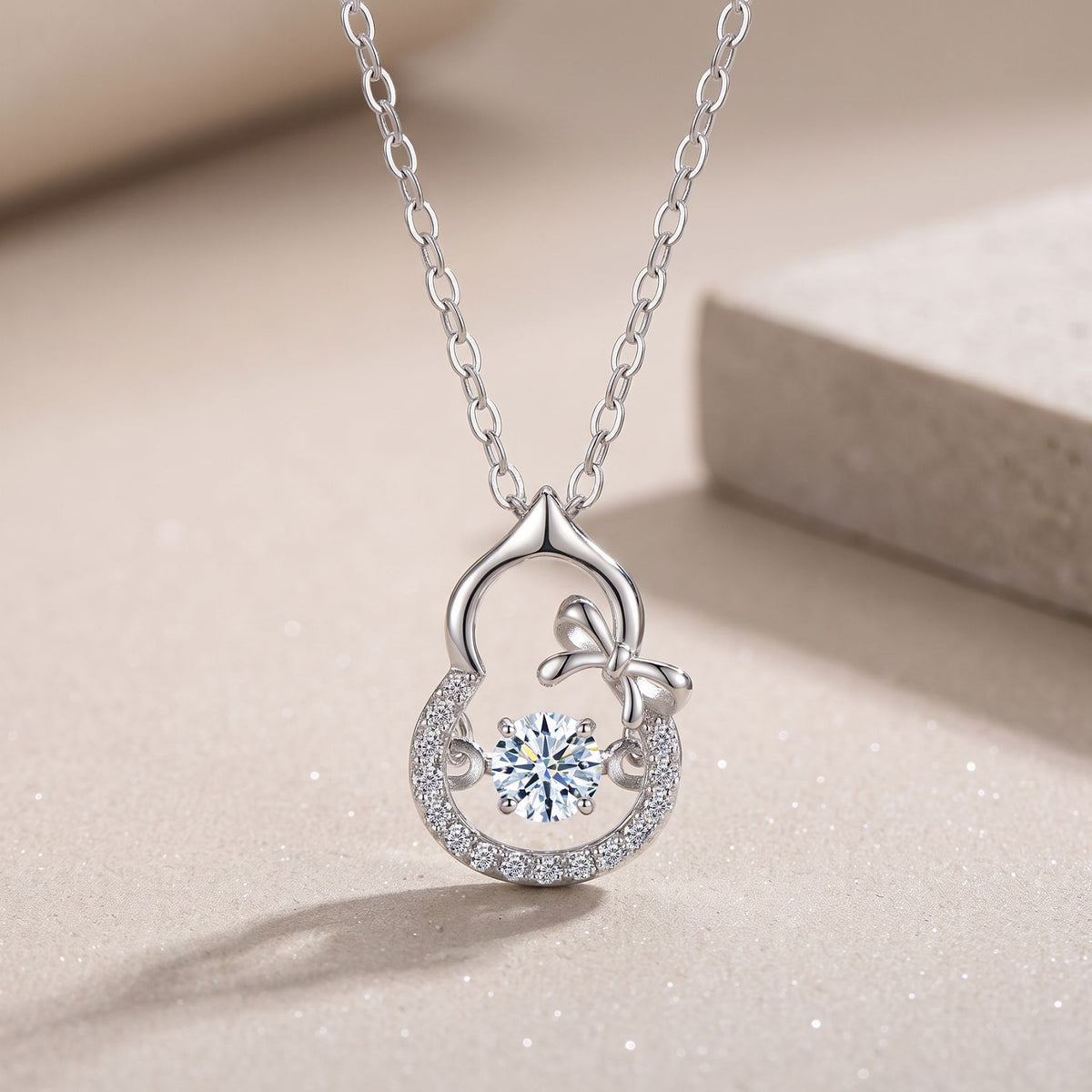 Moissanite Gourd Bow Pendant  Tone 925 Sterling Silver Chain Necklace