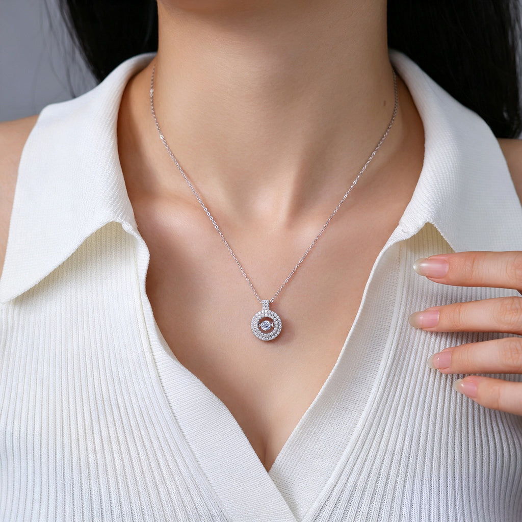 Geometric Double Circle Halo Moissanite 925 Sterling Silver  Necklace