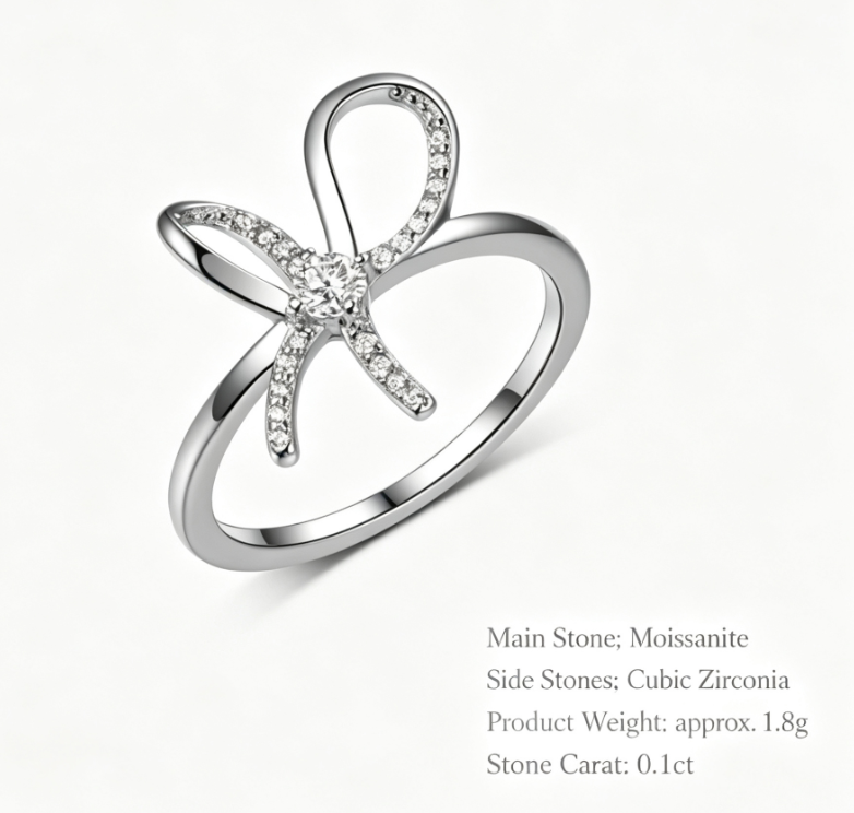 Bowknot Moissanite  925 Sterling Silver Round Cut D Color Moissanite Pave Ribbon Bow Ring