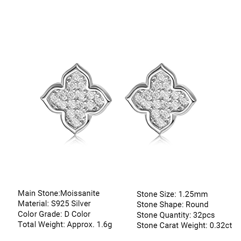 White Moissanite Clover Flower Stud Earrings In 925 Sterling Silver Stud Earrings