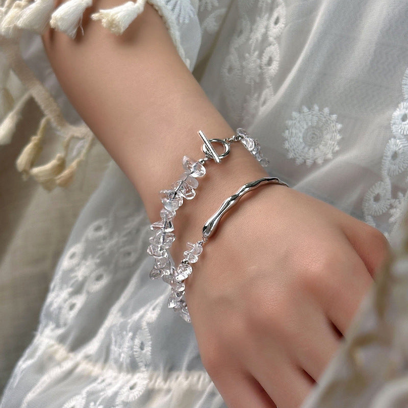 Natural Stone Irregular Clear White Crystal Chip Bead OT Toggle Clasp 925 Sterling Silver Bracelet