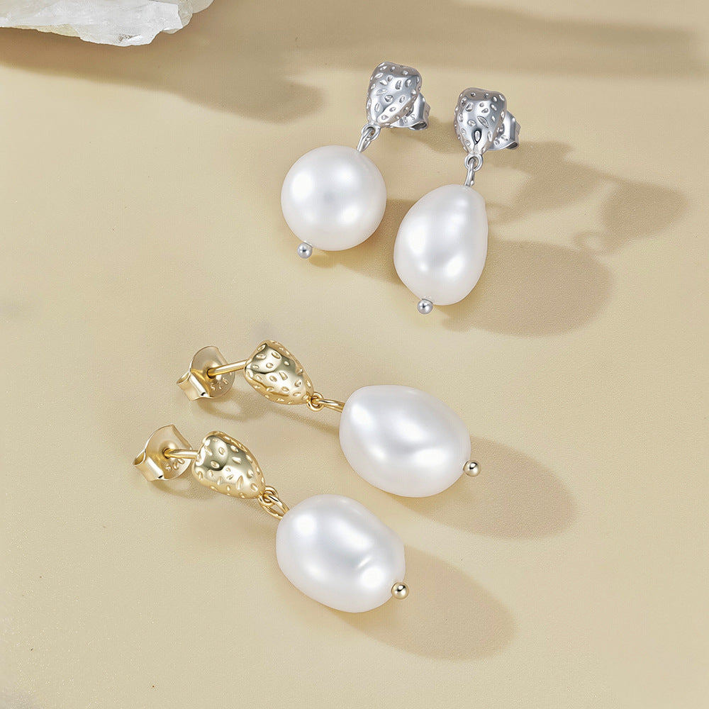 Natural White Baroque Pearl Textured Geometric 925 Sterling Silver Drop Stud Earrings