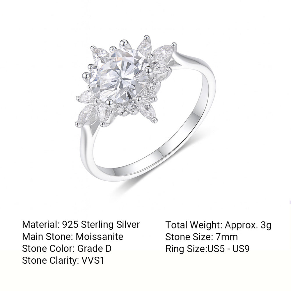 Round Center Stone Sunflower Moissanite 925 Sterling Silver Ring