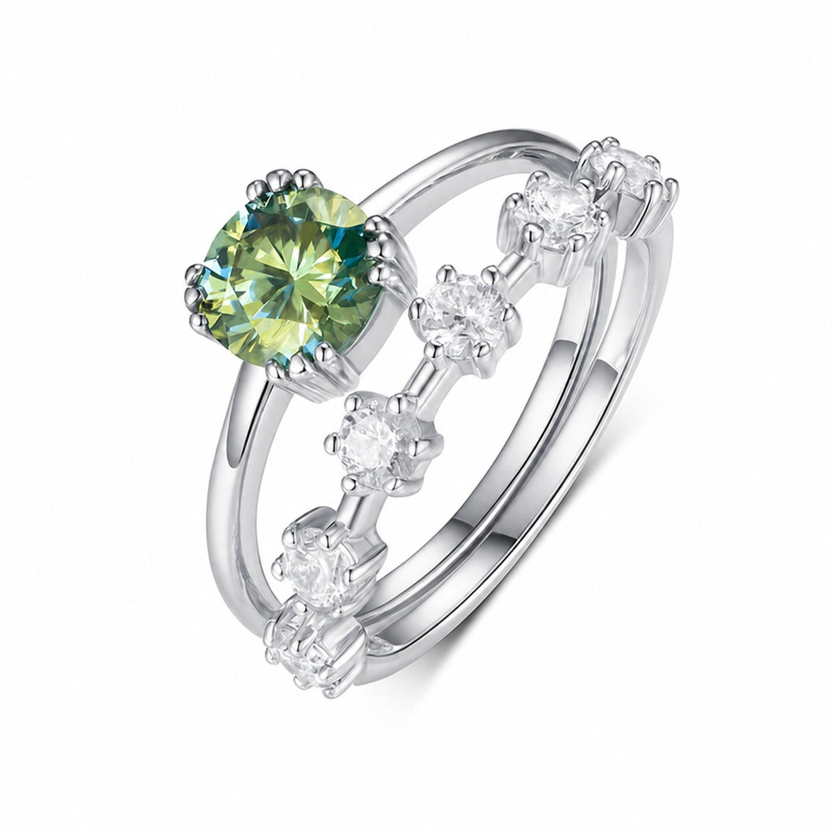 Blue Green Round Moissanite Curved Row Stack 925 Sterling Silver Ring