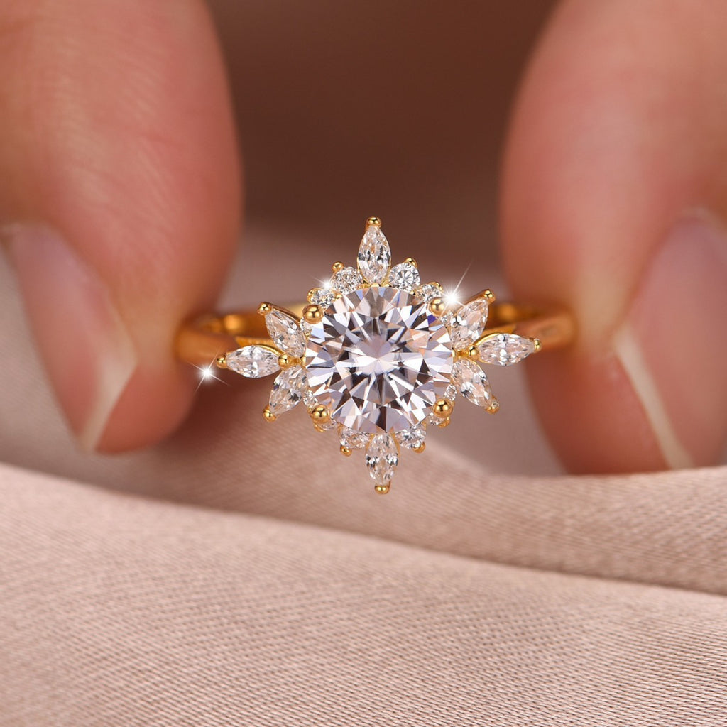 Round Center Stone Sunflower Moissanite 925 Sterling Silver Ring