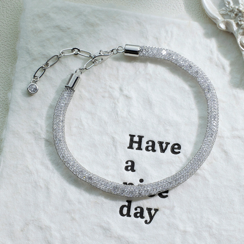 Elegant Geometric Pattern Shimmering Mesh Pure 925 Silver Bracelet