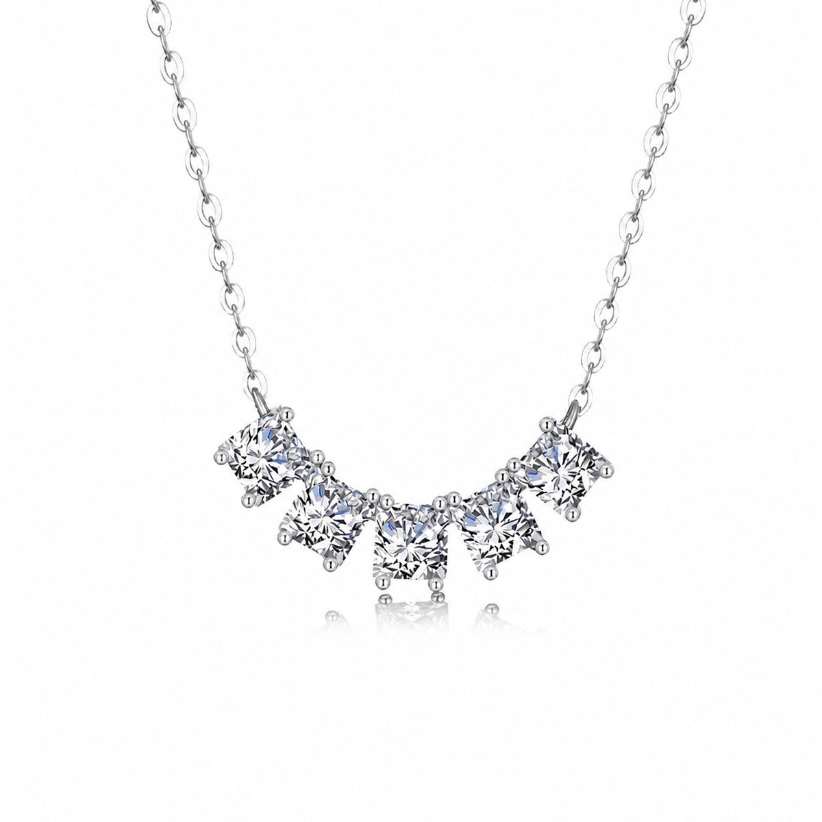 White Moissanite Geometric Five Stone Fan Curve 925 Sterling Silver Necklace