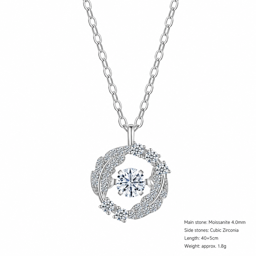 Moissanite Wing Halo Round Pendant 925 Sterling Silver Micro Pave Elegant Fashion Necklace
