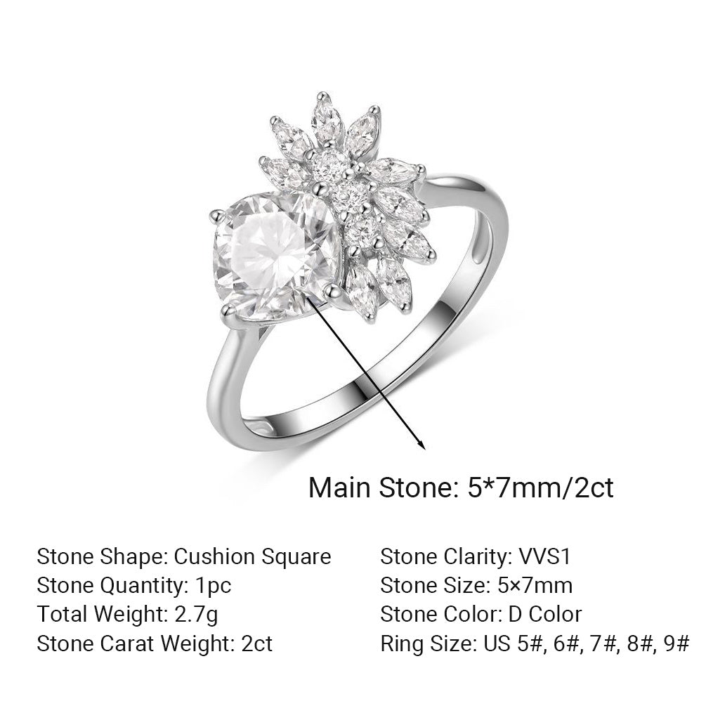 Princess Style Petal Cluster Cushion Cut Moissanite 925 Sterling Silver Ring
