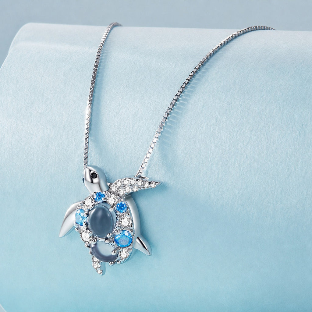 Ocean Themed Blue Sea Turtle 925 Sterling Silver Box Chain Necklace