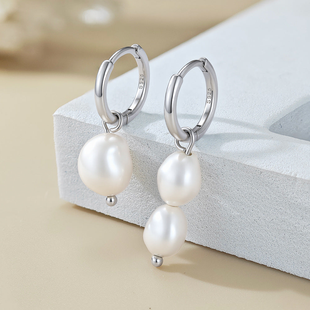Natural Freshwater Baroque Pearl Asymmetrical  925 Sterling Silver Hoop Earrings