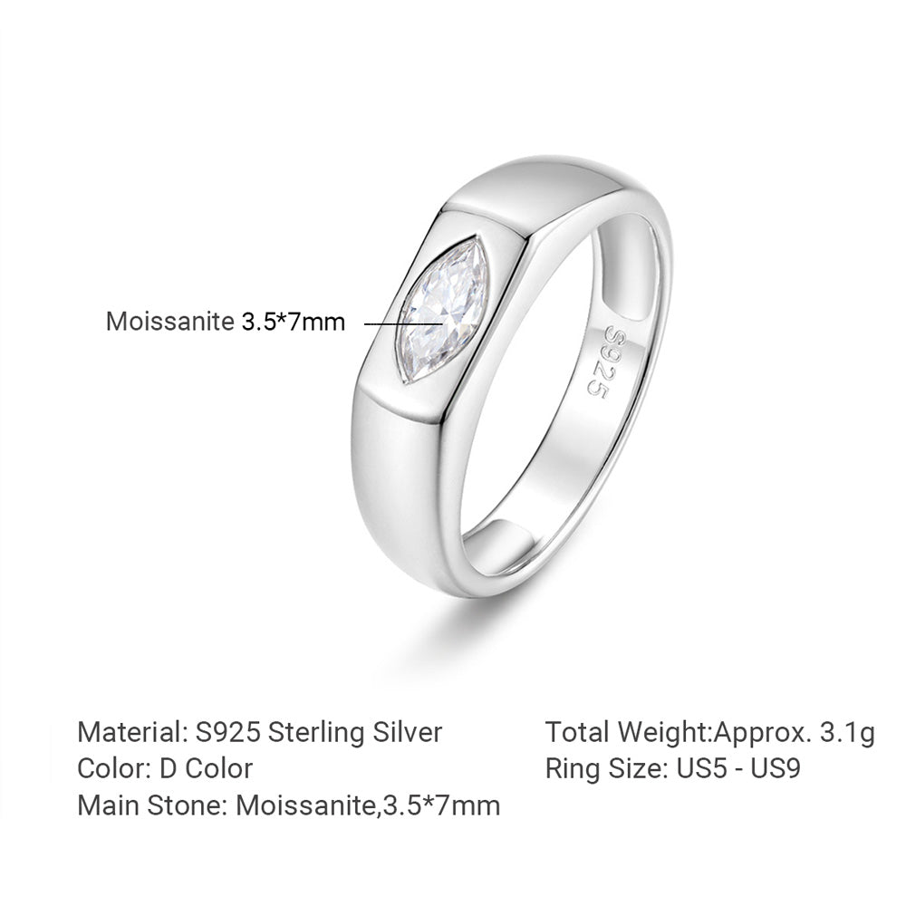 Minimalist Marquise Cut White Moissanite 925 Sterling Silver Signet Band Ring