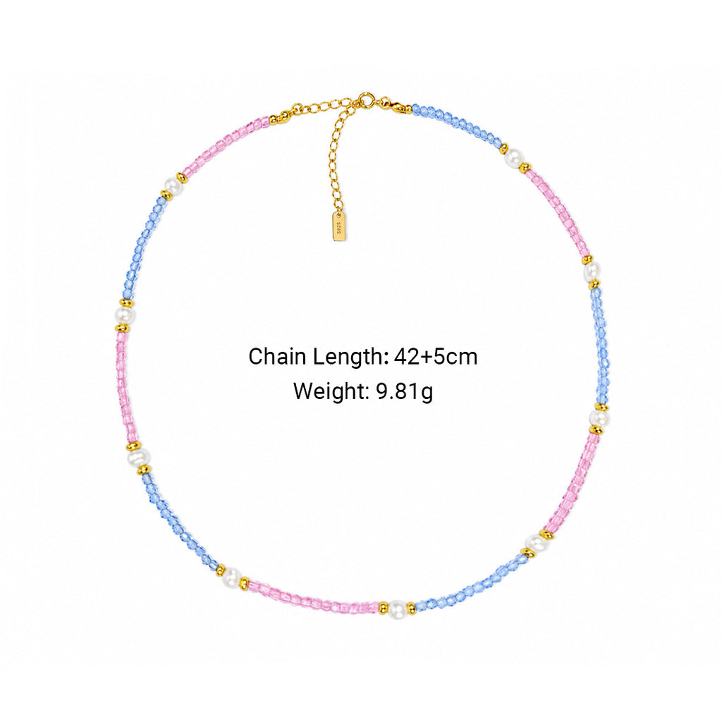 Pink Blue Cubic Zirconia Topaz Pearl Beaded Strand Hypoallergenic Fashion Jewellery Gift 925 Sterling Silver Necklace