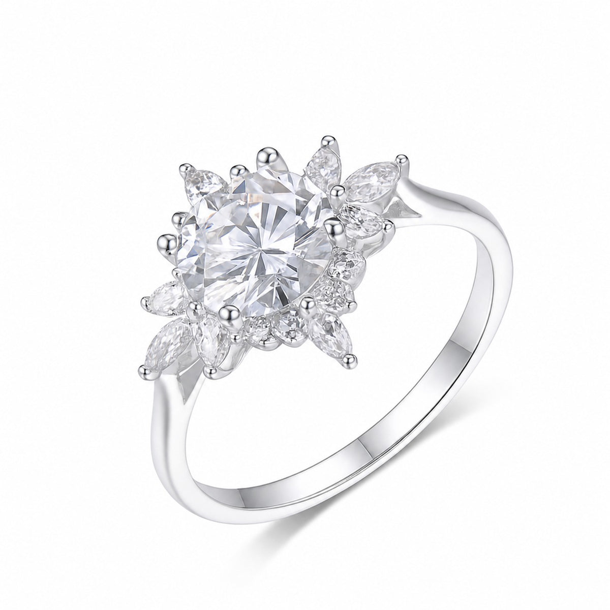 Round Center Stone Sunflower Moissanite 925 Sterling Silver Ring