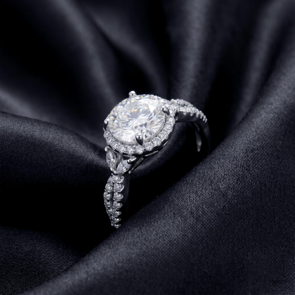 Round Halo Moissanite 925 Sterling Silver  With Marquise Ring