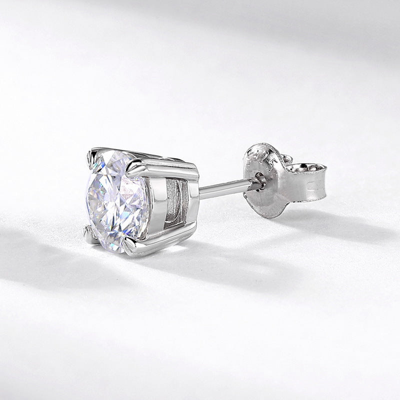 Round Cut D Color  Moissanite  Four Prong 925 Sterling Silver Minimalist Geometric Ear Stud Earrings